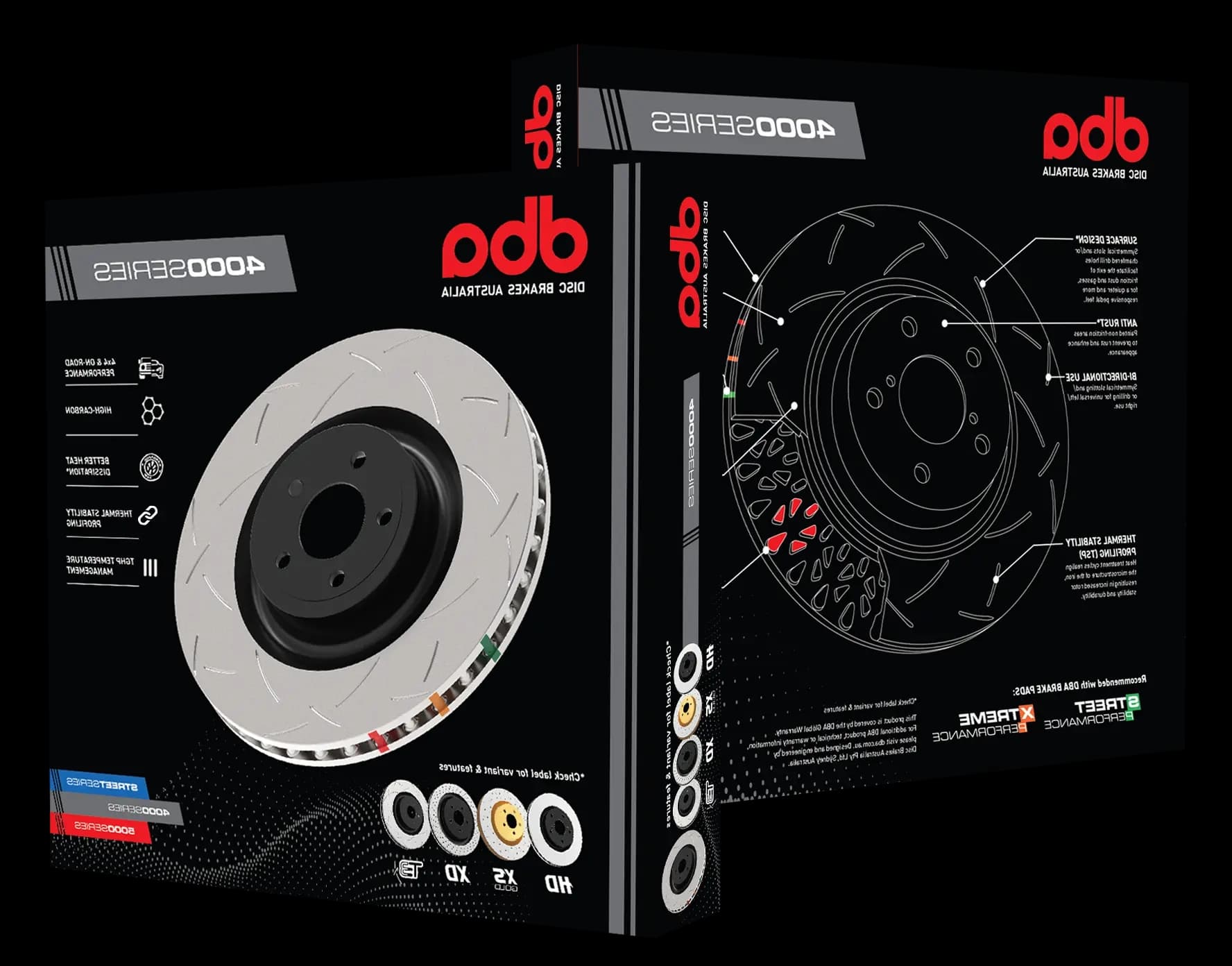 DBA 4000 Series geschlitzte Bremsscheiben mit Produktverpackung zeigt thermische Stabilitätsmerkmale und 4x4-Leistungsspezifikationen