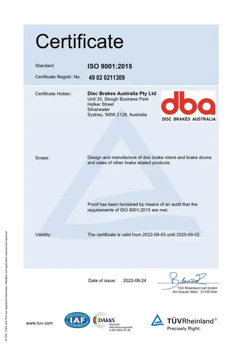 DBA ISO 9001:2015 Qualitätsmanagement-Zertifikat ausgestellt vom TÜV Rheinland mit Zertifizierungsdetails für Disc Brakes Australia Pty Ltd gültig bis 2025
