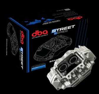 DBA Street Series Bremssattel Produktbox mit Aluminium-Bremssattel zeigt professionelle Verpackung und Branding