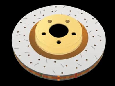 DBA 4000 Series XS Gold Bremsscheibe mit kreuzgebohrten Löchern, Schlitzen und charakteristischer goldfarbener Nabe für verbesserte Leistung und visuelle Anziehungskraft