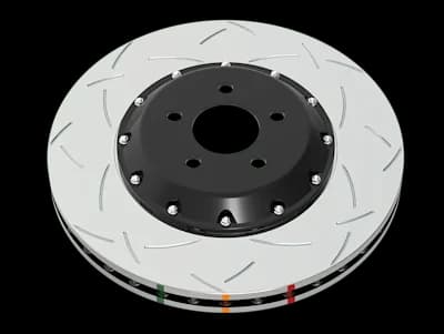 DBA 5000 Series T3 Bremsscheibe mit bidirektionalem Schlitzdesign, silberner Oberfläche, schwarzer Mittelnabe und farbigen Indikatormarkierungen