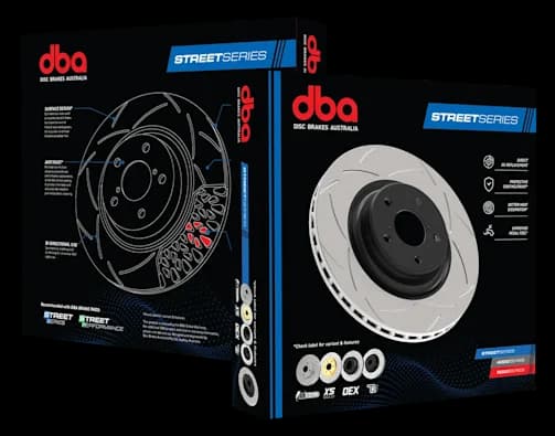 DBA Street Series Verpackung mit Produktbox mit Scheibendiagramm links und geschlitzter Scheibe rechts