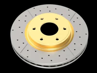 Bremsscheibe DBA Street Series X Gold mit kreuzgebohrten Löchern, Schlitzen und charakteristischer goldfarbener Nabe für gesteigerte Leistung
