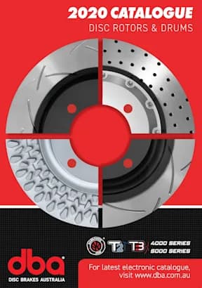 DBA 2020 Bremsscheiben und Trommeln Katalog-Cover mit Vier-Quadranten-Bremsscheibendesign auf rotem Hintergrund