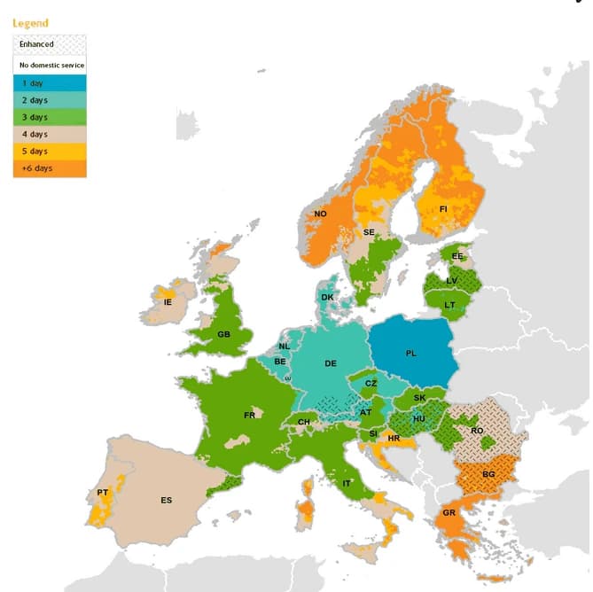 UPS Europäische Service-Karte mit detaillierter Legende für 1-6+ Tage Lieferzonen, verbesserte Servicebereiche und Regionen ohne Inlandsservice mit Ländercodes